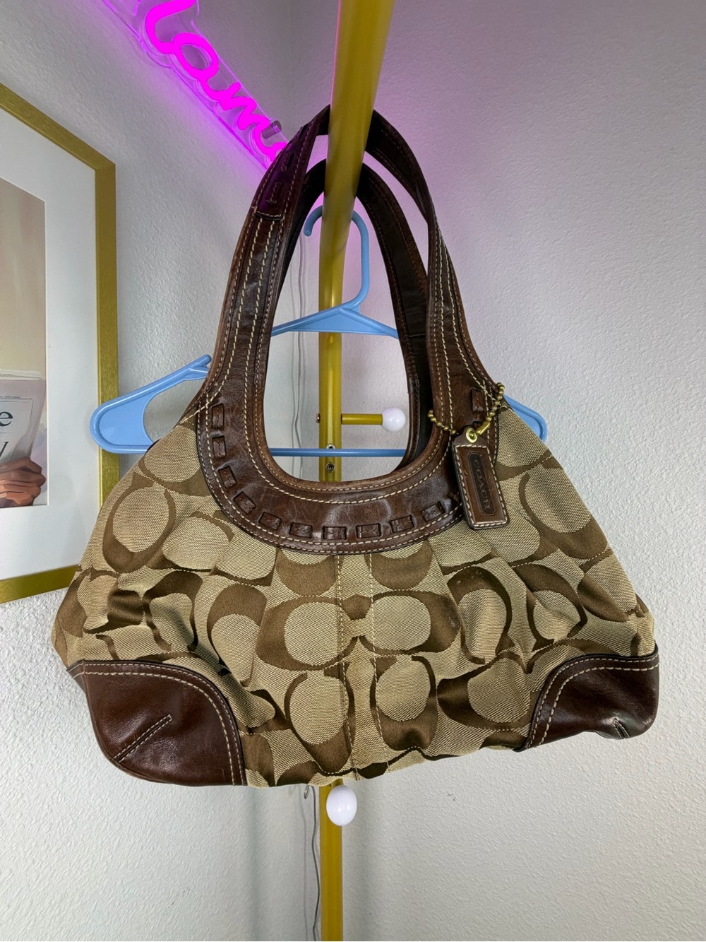 VTG COACH Ergo Signature Kisslock Tote Bag Khaki Brown Canvas Leather Used Good!